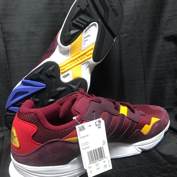 maroon and yellow shoes